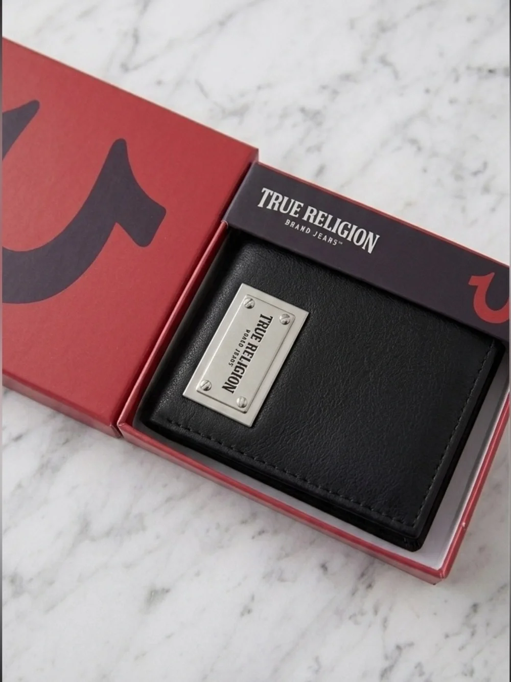 True Religion Black Leather Wallet with Branded Metal Plaque